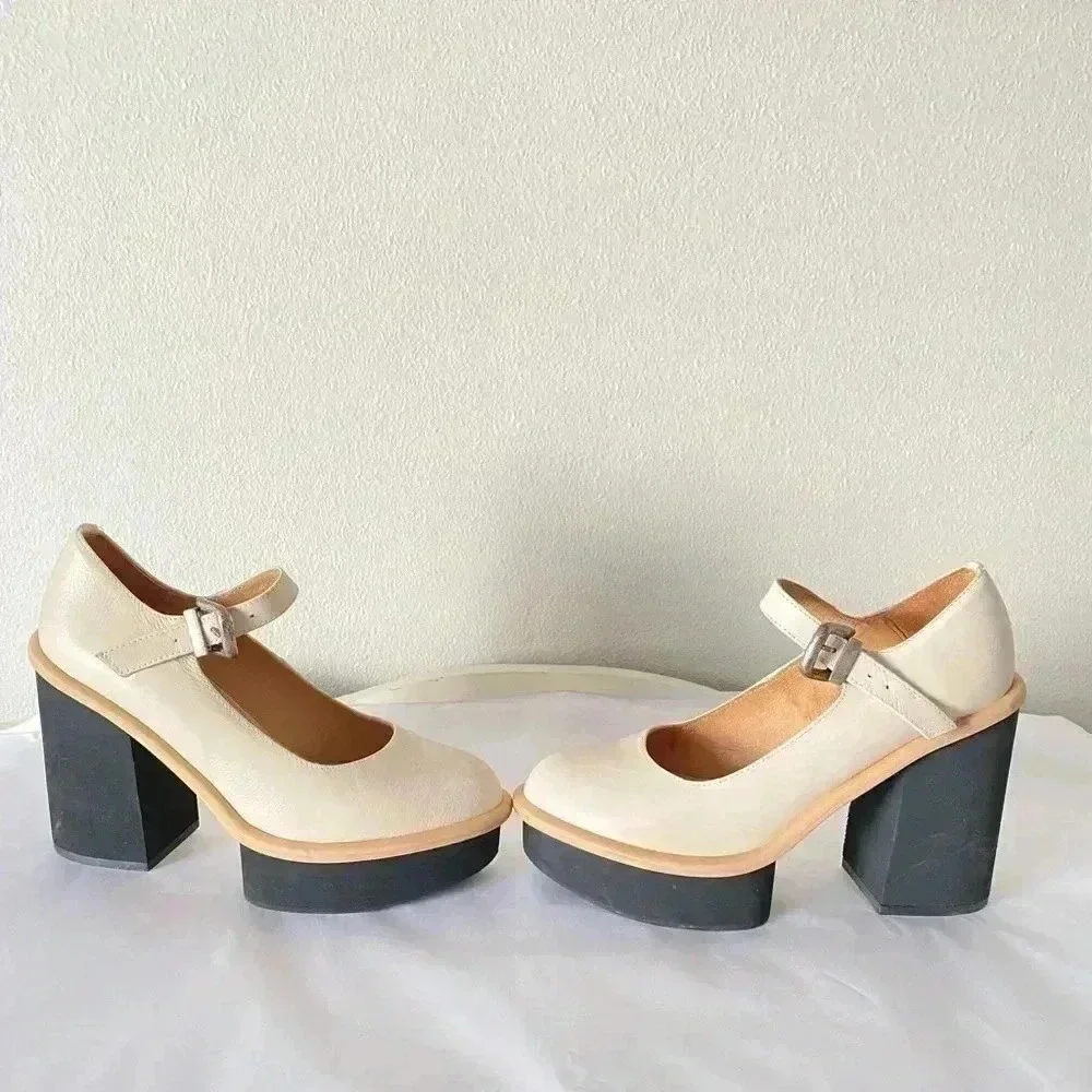 Free People Maggie Mary Jane White Leather Pumps Platform Heels Size 8.5